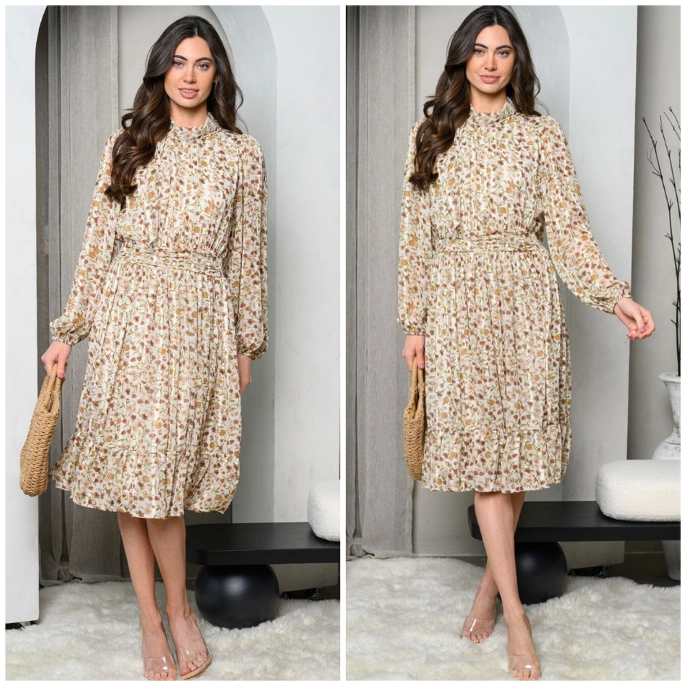 POLAGRAM Beige Floral Long Sleeves Mock Neck Midi Dress - Picture 2 of 5